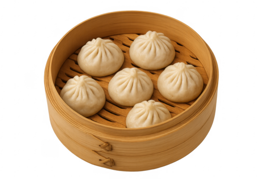 Steaming hot dumplings served in traditional bamboo steamer basket with transparent background - Powered by Adobe