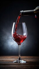 Red wine pouring into a glass on dark background with dramatic lighting