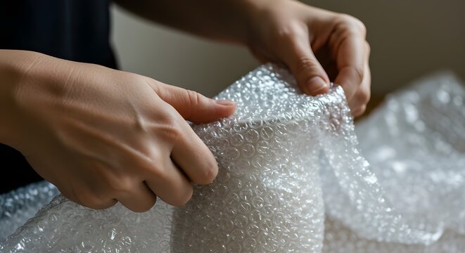 Person protecting fragile item with bubble wrap for shipping