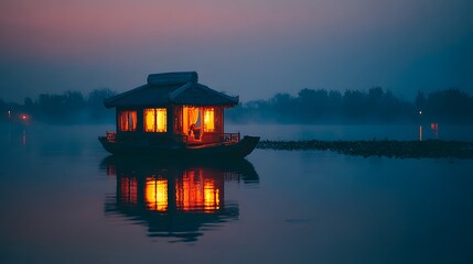 Fototapeta premium A serene, illuminated houseboat floats on a still lake at dusk, bathed in warm light from within.