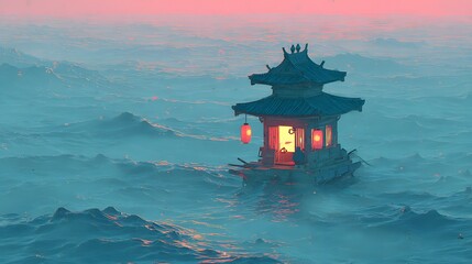 A serene, stylized pagoda-like structure floats on a misty sea, lit by warm, glowing lanterns.