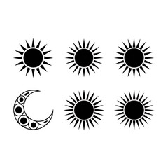 Celestial Sun and Moon Icons: Minimalist Line Art Graphics Set for Design Projects