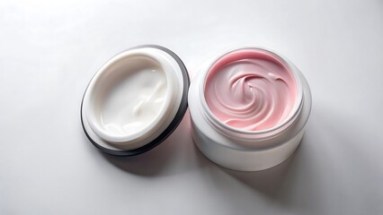 Open jar of pink cream isolated on white background