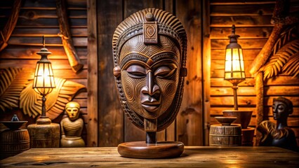 A intricately carved African mask sits atop a minimalist wooden pedestal in a dimly lit studio setting amidst cultural artifacts and heritage items