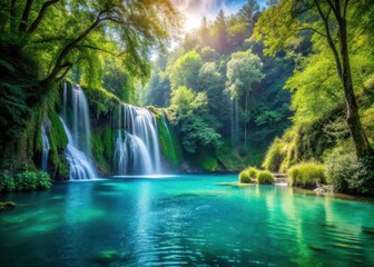 Obraz premium Serene turquoise lake surrounded by dense green forest with a waterfall cascading down into the water