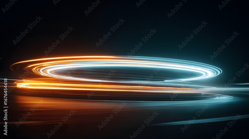 Poster intricate concentric circles of light trails, exhibiting a dynamic interplay of warm orange and cool