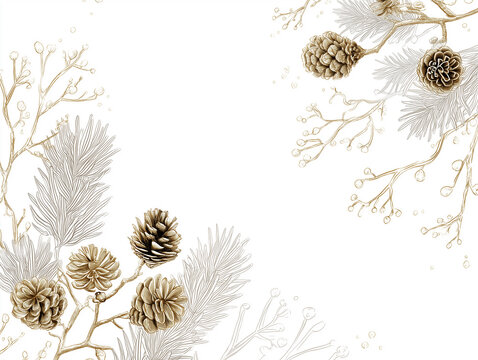 Pinecone and branch line art frame on white background