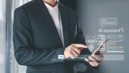 A businessman in a suit interacts with a futuristic AI assistant on his smartphone. The virtual interface shows a chatbot, command prompt, and code, representing modern business technology.