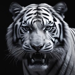 Black and white photograph of a white tiger, showcasing its striking black stripes against its fur. The tiger appears to be in a dynamic pose, with its mouth open, revealing its sharp teeth and fangs.