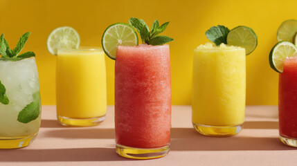 capture essence of summer  with focus on bright ultrabright summer drinks elegantly arranged on clean