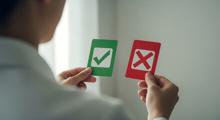 Person holding green check mark and red cross cards concept of decision making