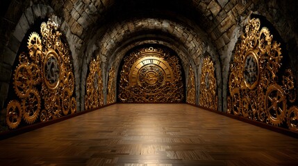 An opulent, intricately designed, golden-hued time-themed tunnel with stone walls adorned with clockwork gears and ornate clocks creates a mesmerizing, dark, and mysterious atmosphere.