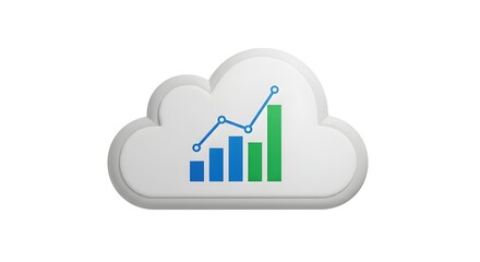 Cloud computing concept with bar graph and rising line on white background