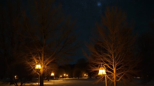 A serene winter night scene with bare trees adorned with glowing lanterns, set against a starry sky. The image evokes a sense of tranquility and wonder, highlighting the beauty of illuminated nature