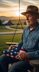 Obraz premium A veteran holding an American flag while sitting on a porch swing. 