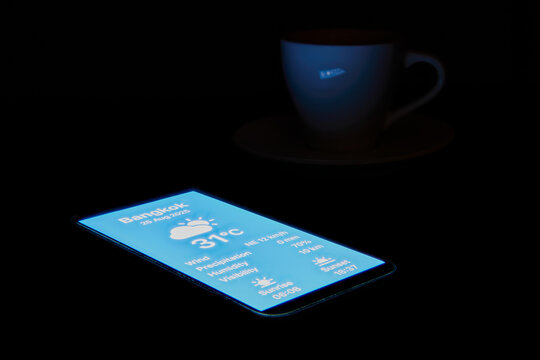 A futuristic weather forecast app with a holographic glowing screen on a smartphone, next to a coffee cup in the dark.