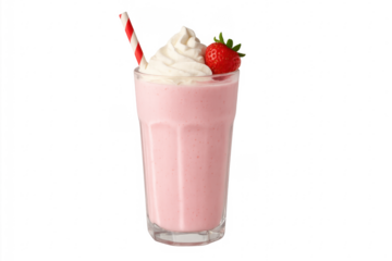 Strawberry milkshake with whipped cream and red white striped straw on transparent background