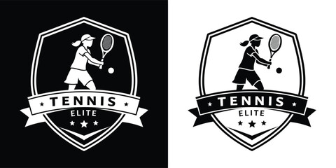 Elite tennis logo showcasing a female player in action with racket and ball, available in black and white for diverse branding needs