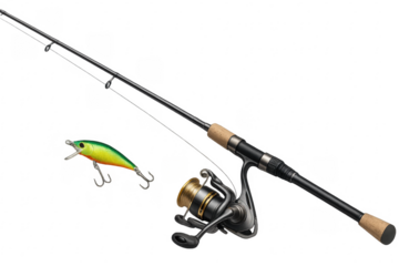 Fishing rod with reel and lure isolated on transparent background