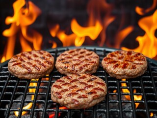 Four juicy hamburger patties cooking on a hot grill with flames in the background
