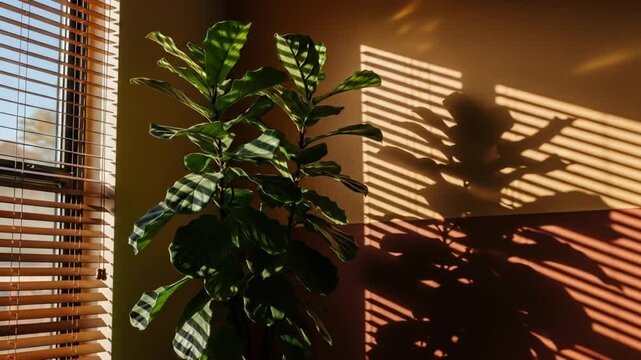 Sunlight casting shadows of a fiddle leaf fig plant on a warm-toned wall in a cozy indoor setting