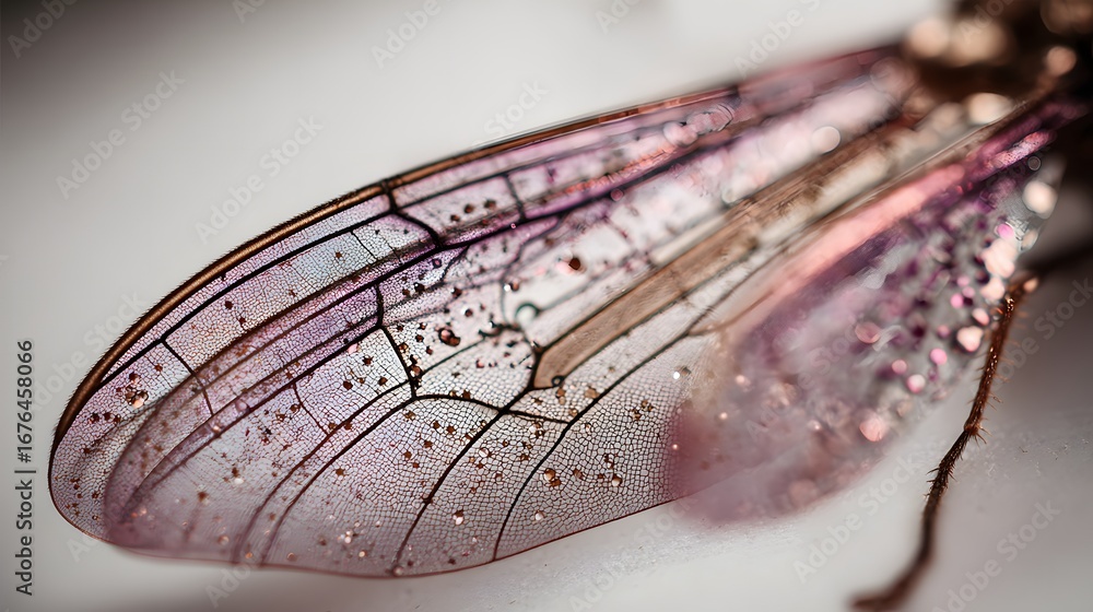 Poster intricate pink and translucent insect wing, showcasing delicate veining and textures.