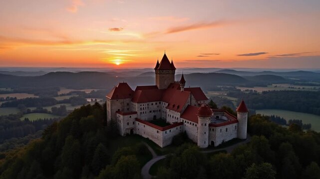 Aerial view of the Castle in Bedzin at sunset, Upper Silesia, Poland