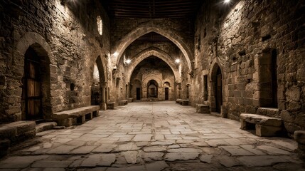 An ancient stone corridor stretches into a dimly lit, historical monastery, highlighted by arched doorways and stone benches.