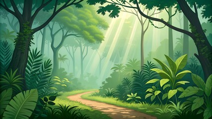 Obraz premium lush green tropical forest with sunlight path
