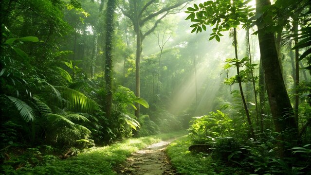 lush green tropical forest with sunlight path