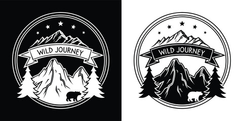 Embark on a wild journey with a stunning mountain vista, featuring pine trees and a bear, symbolizing adventure and the call of the wild, perfect for nature lovers