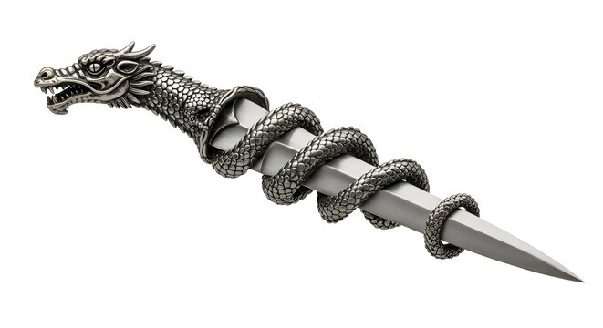 Ornate dragon dagger with snake wrapping around the blade on white background