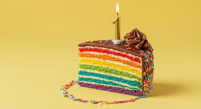 Rainbow layered birthday cake slice with number one candle for a colorful first birthday celebration - Powered by Adobe