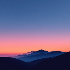 Obraz premium Silhouetted mountain range at sunrise/sunset. Soft colors, hazy atmosphere
