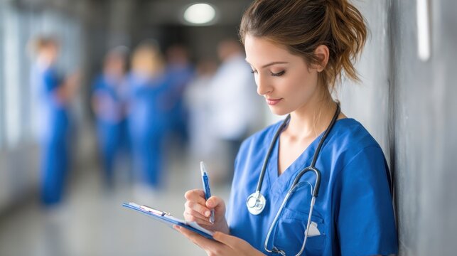 A nurse in blue scrubs writing on a clipboard in a hospital corridor. - Powered by Adobe