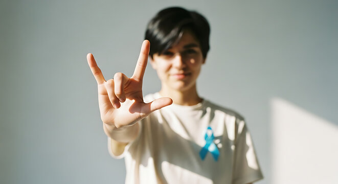 Person with short dark hair showing I love you hand sign with awareness ribbon on shirt