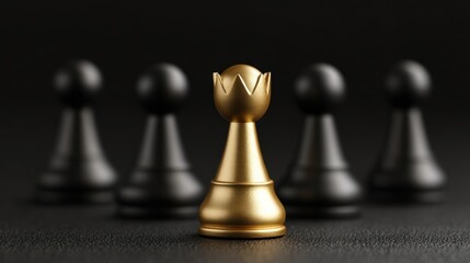 A gold chess piece stands out against a black background, with a group of black pawns in the background.