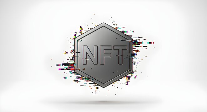 NFT Hexagon with digital glitch effect on white background