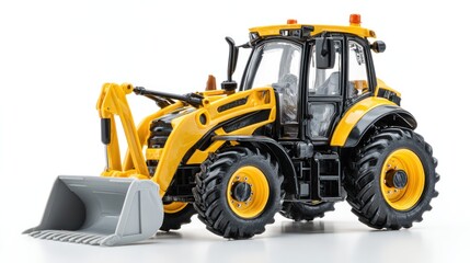 Fototapeta premium A yellow and black tractor with a yellow front loader and a white background.
