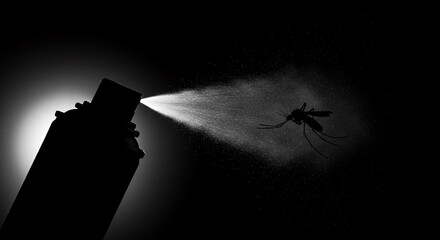 Powerful insecticide spray targets and eliminates a mosquito mid-flight, showcasing a dramatic battle against pests with a fine mist.