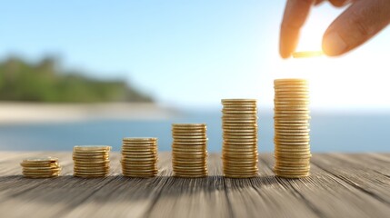A hand placing a coin on a stack of coins on a wooden surface with a blurred beach background.