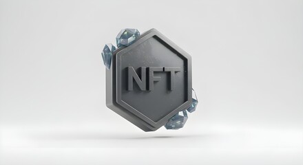 Isolated metal NFT token badge with ice crystals on white background