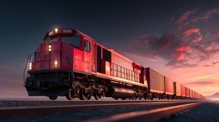 A red train engine pulling a long freight train on a railway track at sunset.