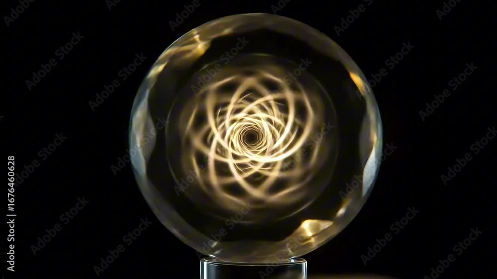 Poster intricate light patterns captured in a crystal orb against a dark background, showcasing mesmerizing