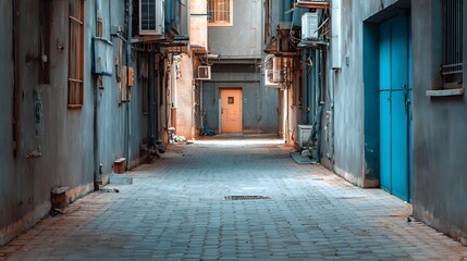 Fototapeta premium A sun-drenched alleyway, lined with weathered gray walls and accented by a vibrant blue door, stretches into the distance, showcasing the quiet charm of urban decay.
