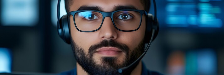 Focused programmer wearing headset working late at night