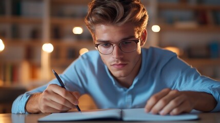 Focused student writing notes at night in cozy home library