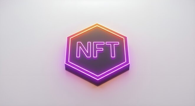 NFT neon glowing hexagon on white background - Powered by Adobe