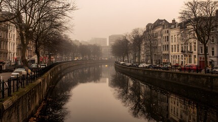 Obraz premium A serene canal scene, reflecting historic buildings and a tranquil atmosphere in a muted, misty setting.