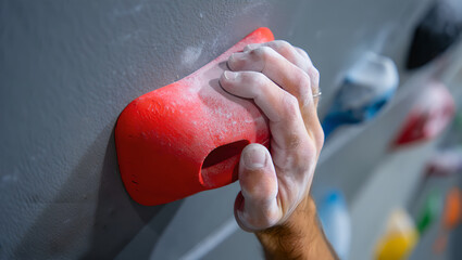 A Person's Hands Gripping a Red Climbing Hold in an Indoor Climbing Gym